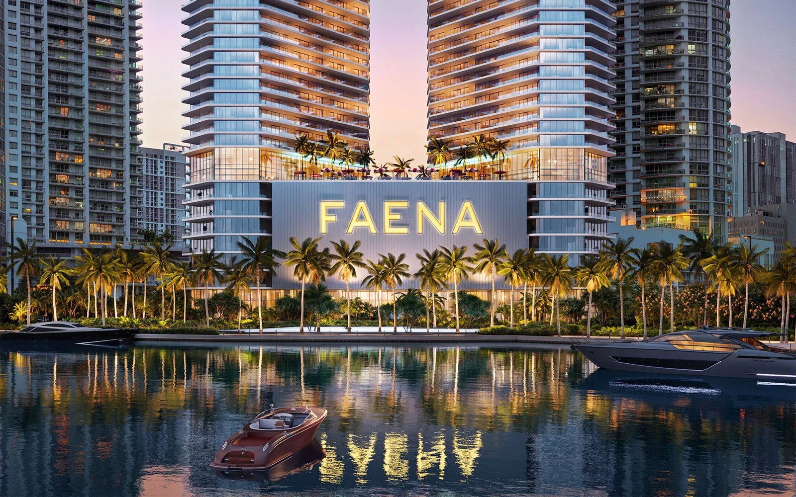 Faena Residences Miami frente al agua al atardecer